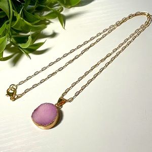 Lovely Druzy Quartz Pendant with Delicate Gold Tone Chain